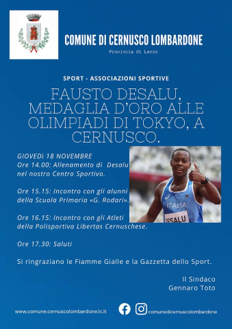 Fausto Desalu, medaglia d’oro alle olimpiadi di Tokyo, a Cernusco.