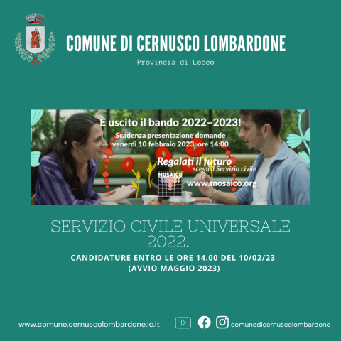 BANDO APERTO: SERVIZIO CIVILE UNIVERSALE 2022. Candidature entro le ore 14.00 del 10/02/23 (Avvio maggio 2023)